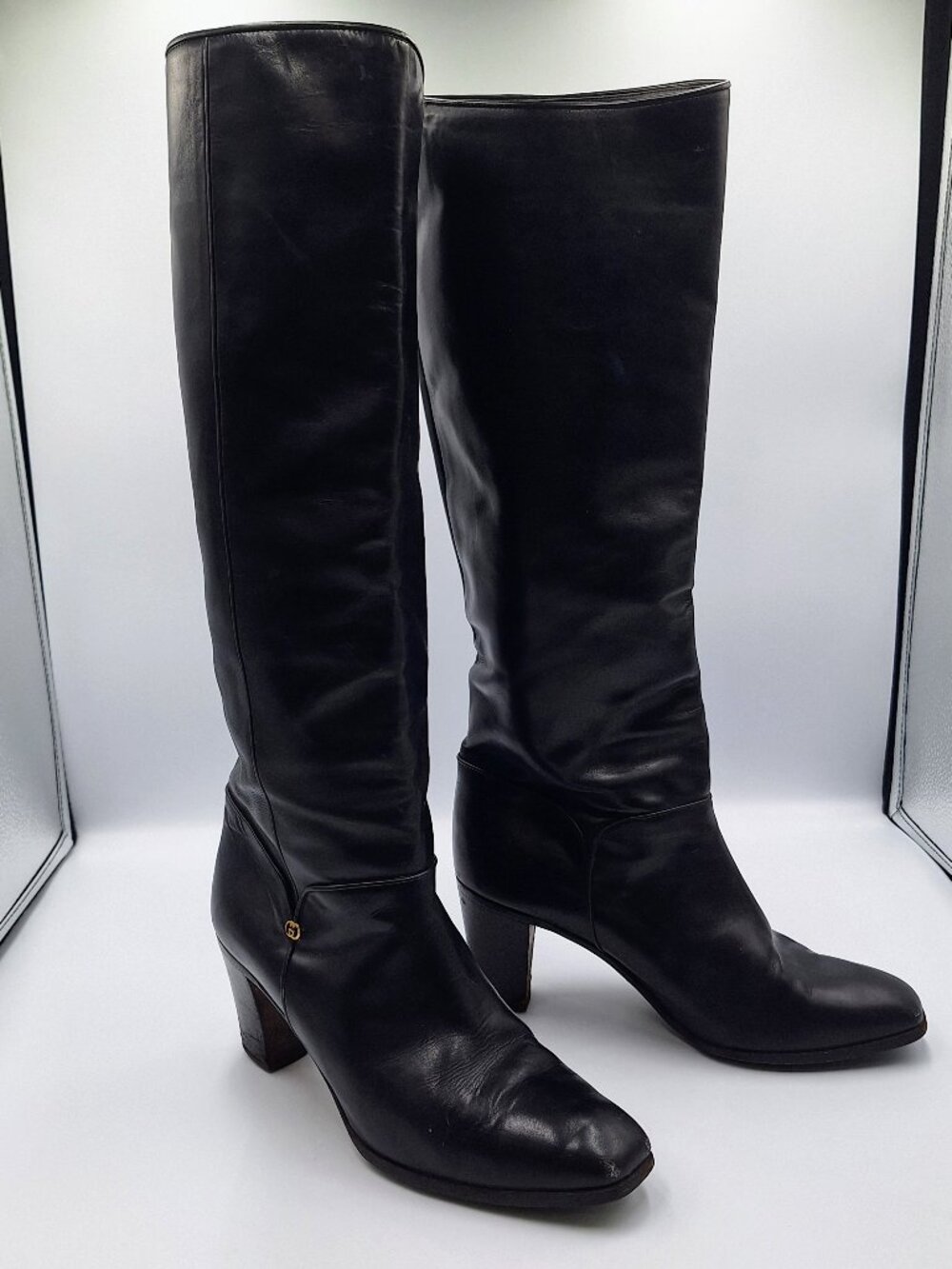Vintage Gucci Black Leather Knee Boots Block Heel GG 37.5